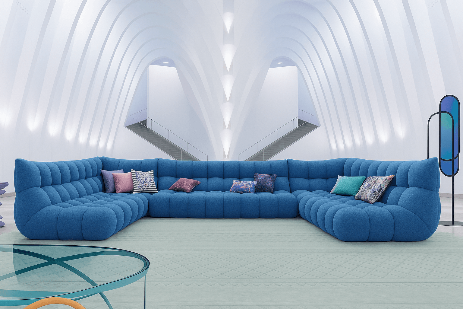 Grand canapé sectionnel bleu en mousse